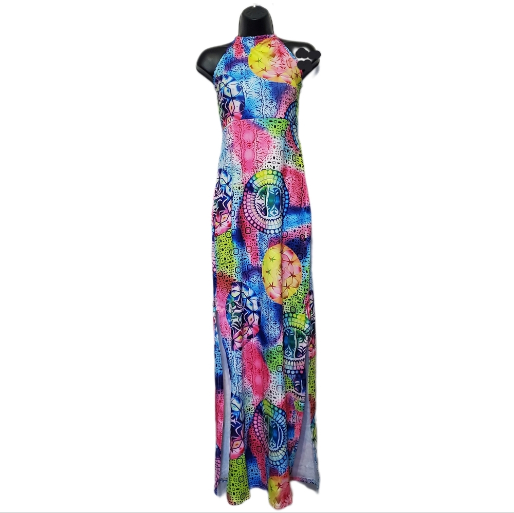 Geometric Strappy Back Halter Maxi Dress Size Medium/Large
